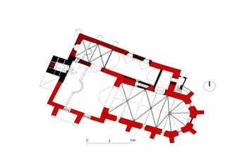 půdorys kostela v úrovni kleneb (© J. Kypta, R. Šimůnek, J. Veselý, Z. Neustupný: Farní kostel sv. Petra a Pavla v Načeradci ve 12. - 14. století. Průzkumy památek 2012/I, NPÚ ÚOP Středních čech v Praze, Praha 2012)
