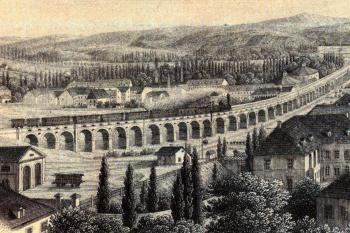 Negrelliho viadukt v pohledu z Vítkova na ocelorytu z roku 1857 (© Karel Brantl, Josef Rybička, 1857 (in Bečková, Kateřina: Letohrádky, libosady a výletní místa. 2. díl, Pravý břeh Vltavy, Paseka, Praha 2019))