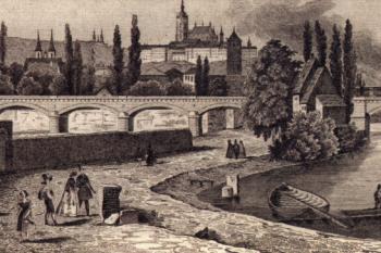 Negrelliho viadukt u Köpplovského (Rohanského) ostrova na litografii kolem r. 1850 (© Josef Richter, c1850 (in Bečková, Kateřina: Letohrádky, libosady a výletní místa. 2. díl, Pravý břeh Vltavy, Paseka, Praha 2019))