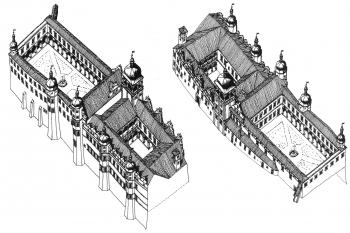 Rožmberský palác - rekonstrukce podle plánů před klasicistní přestavbou na konci 18. století (© Preiss, Pavel. Italští umělci v Praze: renesance, manýrismus, baroko. 1. vyd. Praha: Panorama, 1986. 548 s., viii s. obr. příl. Pragensia)