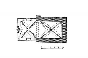 půdorys kostela ( © Karel Kibic: Raně gotické venkovské kostely na panství cisterciáckého kláštera v Sedlci u Kutné Hory, Dějiny staveb 2008, KAS ve spolupráci se Srdužením pro stavebněhistorický průzkum, Plzeň 20080)