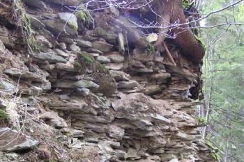 Detail poškozeného zdiva severní stěny hlavní budovy hrádku ( © Jan P. Štěpánek 12/2006)