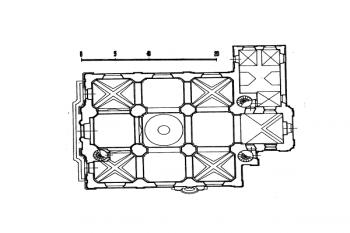 půdorys klášterního kostela ( © Růžena Baťková a kol.: Umělecké památky Prahy 2 - Nové Město, Vyšehrad, Vinohrady (Praha 1), Academia, Praha 1998)