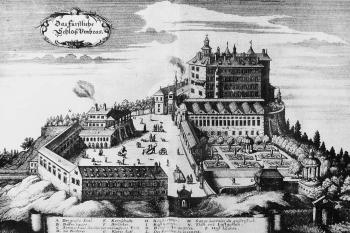 historický pohled na Ambras v polovině 17. století ( © Merian 1649)