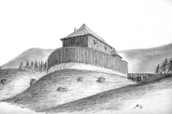 hypotetický pohled na hrádek na úpatí Ondřejníka dle Jana P. Štěpánka (© Šlechtická sídla na Frýdecko - Místecku (J. Tichánek a kolektiv, 2006))