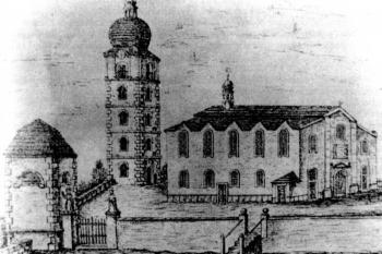 kostel ještě se samostatnou zvonicí před požárem r. 1806 (© Karel Kuča: Města a městečka v Čechách, na Moravě a ve Slezsku Kolín-Mi (III. díl), Libri, Praha 2002)