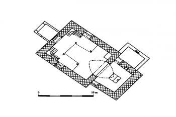 půdorys kostela ( © L. Kracíková, J. Smetana: Románská a gotická sakrální architektura v okrese Česká Lípa, Vlastivědná knihovnička SPS, sv. 9, Praha 2000)