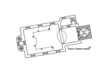 půdorys kostela (© L. Kracíková, J. Smetana: Románská a gotická sakrální architektura v okrese Česká Lípa, Vlastivědná knihovnička SPS, sv. 9, Praha 2000)