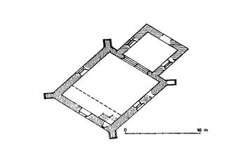 půdorys kostela ( © T. Durdík: Povrchový průzkum zaniklé středověké osady Dolany (in Archaeologia historica 4/1979, Blok, Brno 1979))