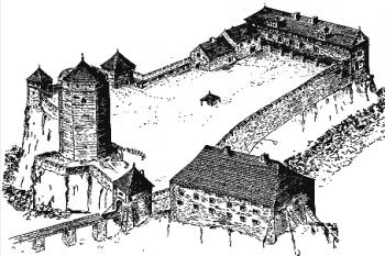 rekonstrukce podle Roberta Kubiszyna ( © R.Krajewski, R.Kubiszyn: Orle gniazda i warownie jurajskie, Warszawa 1997)