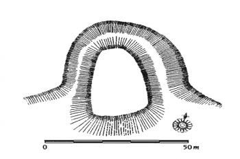 terénní náčrt tvrziště ( © J. Úlovec podle D. Kováře (in Encyklopedie českých tvrzí, III. díl [S-Ž], ARGO, Praha 2005))