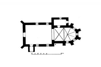půdorys kostela ( ©Ferdinand Velc: Soupis památek historických a uměleckých v Království Českém, sv. 20 Politický okres slanský, Archaelogická komise při České akademii císaře Františka Josefa pro vědy, slovesnost a umění, Praha 1904)