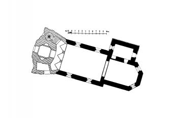 půdorys kostela (© Antonín Podlaha: Soupis památek historických a uměleckých v Království Českém, sv. 37 Politický okres kralovický, Archaelogická komise při České akademii císaře Františka Josefa pro vědy, slovesnost a umění, Praha 1912)