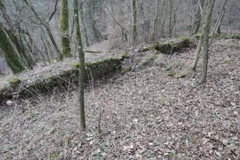 Zděná hradba na jižní straně s archeologickými profily, vytvářejícími dojem příček (© Jan Večeřa, 02/2016)