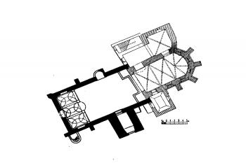 půdorys kostela ( © Richter, Václav: Poklady umění v Čechách a na Moravě; sv. 60 - Město Třešť a jeho památky. 1. vyd. Praha: Vyšehrad, 1943)