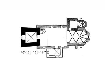 půdorys kostela ( © Zdeněk Wirth: Soupis památek historických a uměleckých v Království Českém, sv. 16 Politický okres vysokomýtský, Archaelogická komise při České akademii císaře Františka Josefa pro vědy, slovesnost a umění, Praha 1902)
