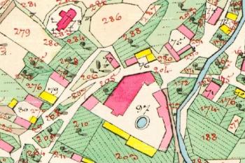 vyznačení bývalého dvora s tvrzí upraveného částečně na pivovar na mapě Stabilního katastru ze 30. let 19. století ( © www.archivnimapy.cz)