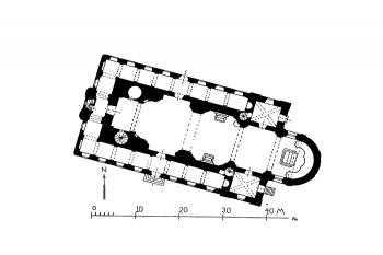 půdorys kostela (© Anton Gnirs: Topographie der historischen und kunstgeschichtlichen Denkmale in der tschechoslowakischen Republik sv. 50 die Bezirke Tepl und Marienbad, Deutsche Gesellschaft der Wissenschaften und Künste für die Tschechoslowakische Republik in Prag, 193)