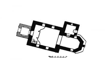 půdorys kostela ( © Antonín Podlaha: Soupis památek historických a uměleckých v Království Českém, sv. 13 Politický okres příbramský, Archaelogická komise při České akademii císaře Františka Josefa pro vědy, slovesnost a umění, Praha 1901)