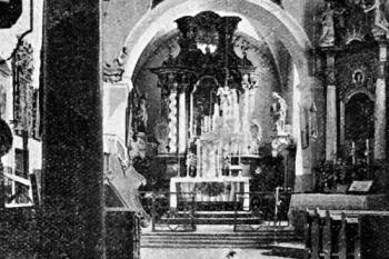 interiér kostela na počátku 20. století (© Antonín Podlaha: Posvátná místa království Českého; Díl 4., Vikariáty: Kolínský a Rokycanský, Dědictví sv. Jana Nepomuckého, Praha 1910)