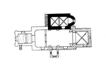 půdorys kostela (© Václav Mencl: Architektura předrománských Čech, Umění VII/4, Ústav pro teorii a dějiny umění ČSAV, Praha 1959)