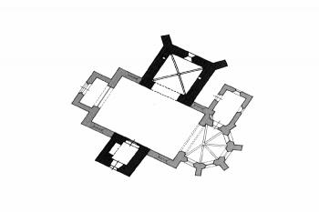 půdorys kostela (© Jitka Svobodová (in Hlobil, Ivo, ed. et al. Uprostřed Koruny české: gotické a reně renesanční umění východních Čech 1250-1550. II/2, Katalog. Chrudimsko, Čáslavsko. Artefactum, Praha 2020) rozlišení stavebních fází doplněno redakcí hrady.cz)
