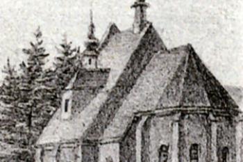 kostel od východu na výřezu z veduty A. F. Kunikeho (© Kristýna Bařinová (ed.): Krajina starých sídel - katalog výstavy, Vědecká knihovna v Olomouci, Olomouc 2015)