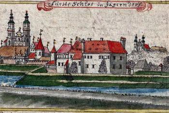 Knížecí zámek  na kresbě F. B. Wernera z poloviny 18. století (© F. B. Werner: Silesia in Compendio seu Topographia das ist Praesentatio und Beschreibung des Herzogthums Schlesiens, Pars I, Biblioteka Uniwersytecka we Wrocławiu (Oddział Rękopisów))
