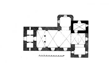půdorys kostela ( © Josef Soukup: Soupis památek historických a uměleckých v Království Českém, sv. 33 Politický okres písecký, Archaelogická komise při České akademii císaře Františka Josefa pro vědy, slovesnost a umění, Praha 1910)