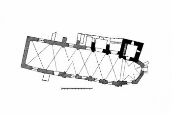 půdorys kostela ( © Josef Vítězslav Šimák: Soupis památek historických a uměleckých v Království Českém, sv. 32 Politický okres turnovský, Archaelogická komise při České akademii císaře Františka Josefa pro vědy, slovesnost a umění, Praha 1909)