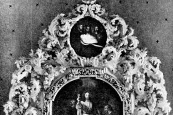 hlavní oltář ( © Josef Vítězslav Šimák: Soupis památek historických a uměleckých v Království Českém, sv. 32 Politický okres turnovský, Archaelogická komise při České akademii císaře Františka Josefa pro vědy, slovesnost a umění, Praha 1909)