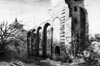 J. Mařák: Klášter Sázavský, studie pro schodiště Národního musea ( © L. Brožková: K otázce autorství cyklu historických krajin pro ochoz a schodiště Národního musea, Umění, roč. 8, č. 6, Nakladatelství ČSAV, Praha 1960)