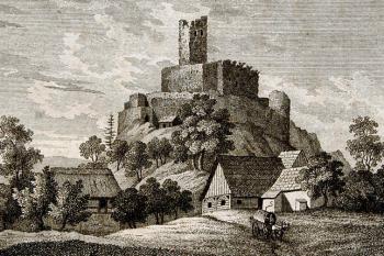 hrad na rytině z první poloviny 19. století (© Carl Friedrich Mosch (fotorepro pravděpodobně z  Carl Friedrich Mosch, Die Heilquellen Schlesiens und der Grafschaft Glatz))