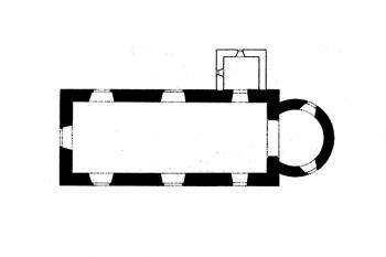 půdorys kostela ( © Josef Vítězslav Šimák: Soupis památek historických a uměleckých v Království Českém, sv. 32 Politický okres turnovský, Archaelogická komise při České akademii císaře Františka Josefa pro vědy, slovesnost a umění, Praha 1909)