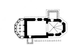 půdorys kostela ( © Jan Sommer a Kristina Uhlíková (ed.): Fontes historiae artium XIV: Soupis památek historických a uměleckých v politickém okresu ledečském. Edice nedokončeného rukopisu, Artefactum, Praha 2010)