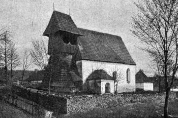 kostel od jihozápadu, před r. 1912 (© Jan Valchář: Ledečsko a Dolnokralovicko: výňatek z vlastivědného díla Království české, Pavel Körbr, Praha 1912)