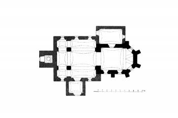 půdorys kostela ( © Josef Soukup: Soupis památek historických a uměleckých v Království Českém, sv. 18 Politický okres Pelhřimovský, Archaelogická komise při České akademii císaře Františka Josefa pro vědy, slovesnost a umění, Praha 1903)