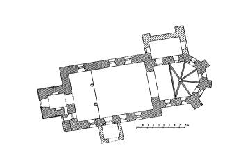 půdorys kostela (© Antonín Podlaha, Eduard Šittler: Soupis památek historických a uměleckých v Království Českém, sv. 05 Politický okres Milevský, Archaelogická komise při České akademii císaře Františka Josefa pro vědy, slovesnost a umění, Praha 1898)