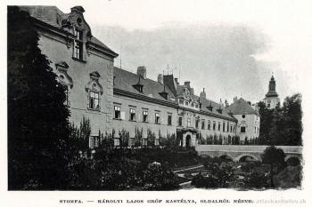 Zámek na staré pohlednici, podoba před necitlivou přístavbou horního patra. (© zdroj: http://www.atlaskastielov.sk)