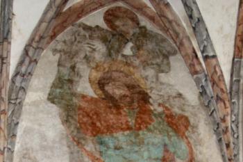 sv. Kryštof přenáší Ježíška přes řeku – malba na epištolní straně lodi ( © Pavel Zany Komárek 12.9. 2009)