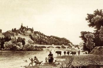 starý, ještě z větší části dřevěný Kolloredovský most na kresbě z doby nedlouho po roce 1848 ( © T. Adamec, M. Klega, V. Peter: Pozdrav z Frýdku-Místku, 2009)