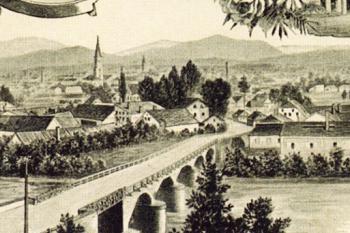 starý Kolloredovský most na pohlednici zachycující jeho podobu ještě v částečně dřevěném provedení, kolem roku 1887 ( © T. Adamec, M. Klega, V. Peter: Pozdrav z Frýdku-Místku, 2009)