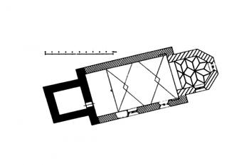 půdorys kostela ( © Dana Novotná: Věž kostela sv. Ducha v Telči, Průzkumy památek 1999/I, Památkový ústav Středních Čech v Praze, Praha 2000)