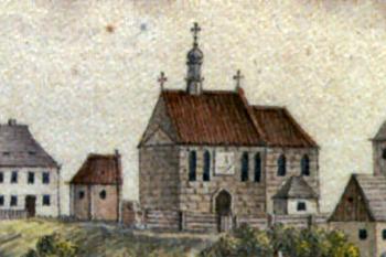 kostel na výřezu z veduty Jana Antonína Venuta, 1818 (© Venuto, Jan Antonín a Veselý, Aleš: Jan Antonín Venuto a jeho dílo, Galerie výtvarného umění v Havlíčkově Brodě, Havlíčkův Brod 2018)
