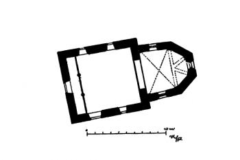 půdorys kostela ( © Ferdinand Vaněk, Karel Hostaš: Soupis památek historických a uměleckých v Království Českém, sv. 17 Politický okres domažlický, Archaelogická komise při České akademii císaře Františka Josefa pro vědy, slovesnost a umění, Praha 1902)
