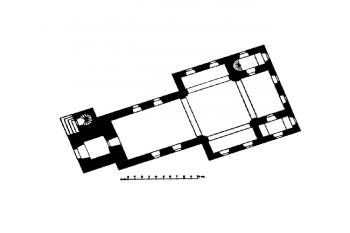 půdorys kostela bez rozlišení stavebních fází ( © Josef Soukup: Soupis památek historických a uměleckých v Království Českém, sv. 18 Politický okres Pelhřimovský, Archaelogická komise při České akademii císaře Františka Josefa pro vědy, slovesnost a umění, Praha 1903)