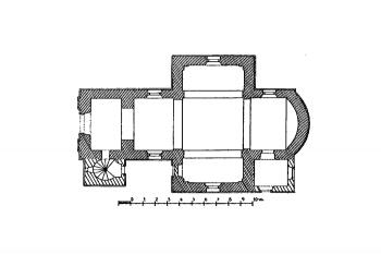 půdorys kostela (© Antonín Podlaha, Eduard Šittler: Soupis památek historických a uměleckých v Království Českém, sv. 15 Politický okres Karlínský, Archaelogická komise při České akademii císaře Františka Josefa pro vědy, slovesnost a umění, Praha 1903)
