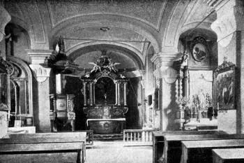 pohled do presbytáře na počátku 20. století (© Antonín Podlaha: Posvátná místa království Českého; Díl 1. Vikariáty: Českobrodský, Černokostelecký, Mnichovický a Prosecký, Dědictví sv. Jana Nepomuckého, Praha 1907)