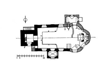 půdorys kostela ( © Kühn, Karl F.: Topographie der historischen und Kunstgeschichtlichen Denkmale in der Tschechoslowakischen Republik, A. Land Böhmen, LI. Der Bezirk Reichenberg, R.M. Rohrer Verlag, Brünn - Prag - Leipzig - Wien 1934)