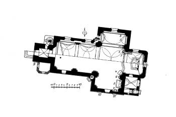půdorys kostela ( © Kühn, Karl F.: Topographie der historischen und Kunstgeschichtlichen Denkmale in der Tschechoslowakischen Republik, A. Land Böhmen, LI. Der Bezirk Reichenberg, R.M. Rohrer Verlag, Brünn - Prag - Leipzig - Wien 1934)
